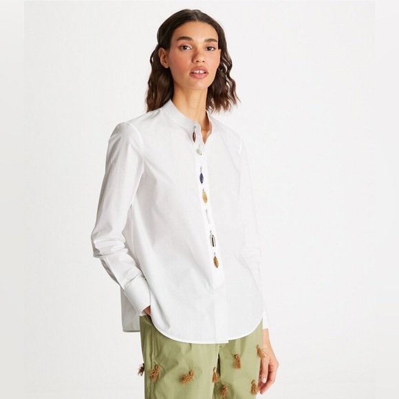 Tory Burch Tops - New Tory Burch Beaded Band-collar Poplin Tunic In White